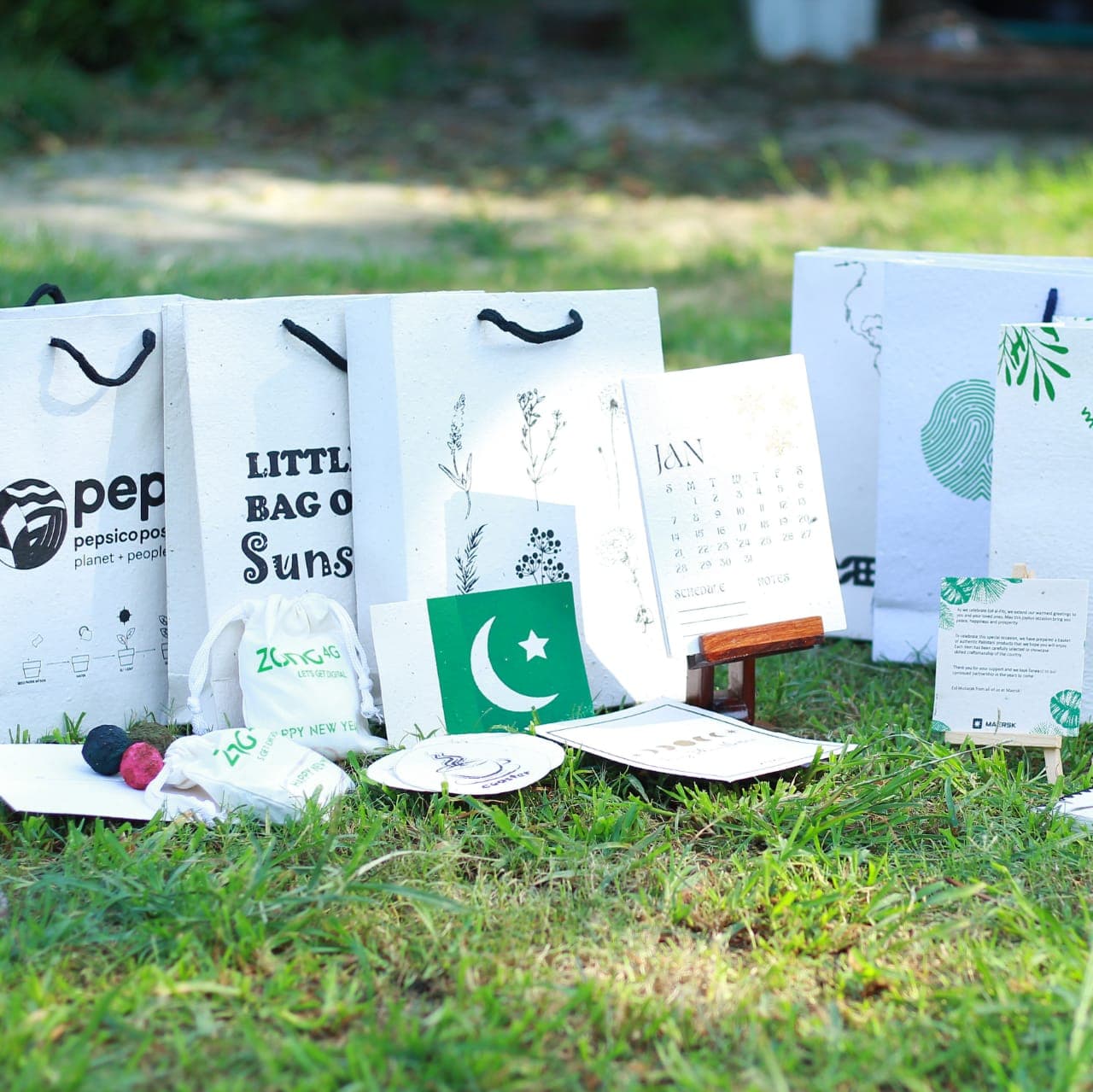 We print your brand — The sheets become bags, tags, cards and calendars, printed to your artwork.